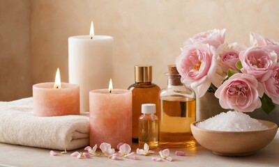 Serene spa arrangement with lit candles, essential oils, rose bouquet, and bath salts for ultimate relaxation.