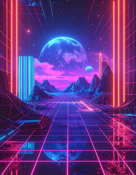 Retro Synthwave Landscape with Neon Grid and Distant Planet.