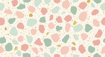 Modern terrazzo seamless pattern, abstract shapes of broken marble and glass chips, pastel pink, mint green, and gold flecks on a cream background, minimalist and playful, high detail texture