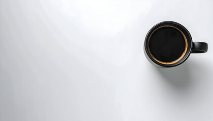 Black coffee in a sleek dark cup placed on a white surface, shot from above, symbolizing simplicity, productivity, and the essence of a fresh start to the day.