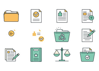 Collection of Business Icons Representing Organization Approval and Legal Concepts with Clean Design and Soft Colors