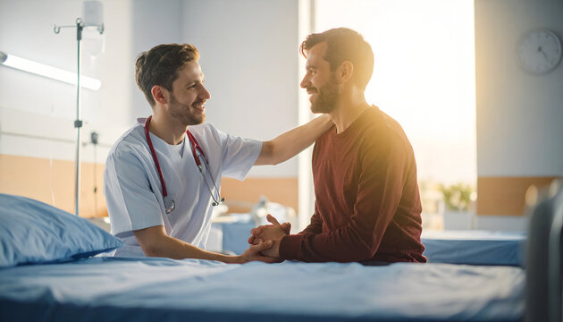 Friendly physician comforts a young man sitting on a hospital bed.