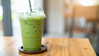 Iced matcha latte in transparent cup on wooden table, tasty drink, refreshing beverage concept.