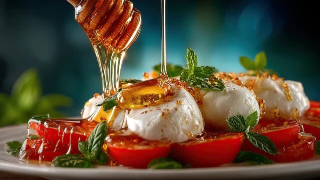 caprese salad with honey drizzle gourmet caprese with mozzarella and honey Italian salad with honey, caprese salad, mozzarella, honey drizzle