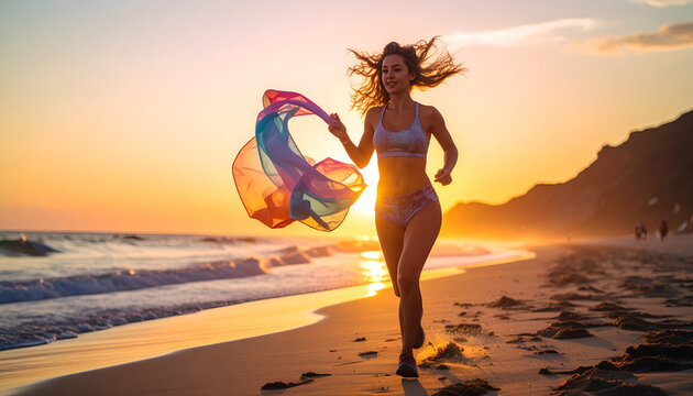 Joyful woman with a colorful scarf running on the beach at sunset.