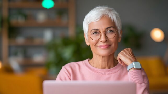 Happy senior woman with gray hair wearing glasses and a smartwatch looking at camera. Modern technology for health monitoring usage.