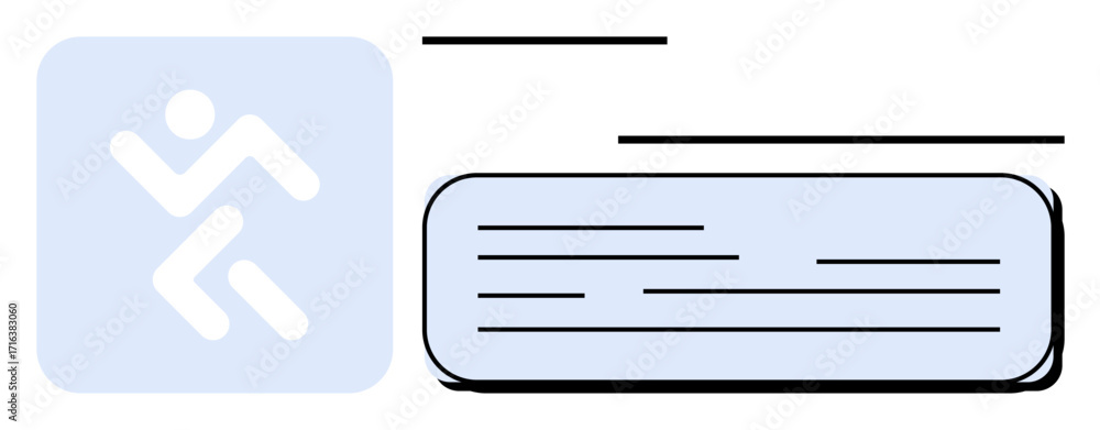 Poster motion figure inside rounded square alongside a rectangular text box with minimalist black lines. id