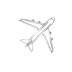 Fototapeta premium Simple black line drawing of a modern passenger jet airplane flying overhead