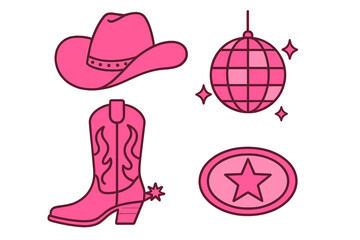 Pink cowgirl disco vector icon set. Western party elements with cowboy hat, boot, disco ball, star buckle. Retro 70s Nashville aesthetic for bachelorette wild west theme.