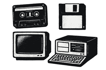 Retro 90s electronics set with halftone texture. Vintage computer, screen, floppy disk, audio cassette. Y2K collage elements. Grunge punk cutout shapes for vector sticker pack.