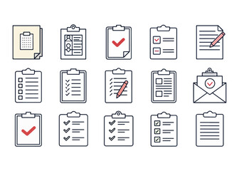 Collection of clipboard icons representing tasks and forms used in business and education showcasing organization and project management with a clean and modern design