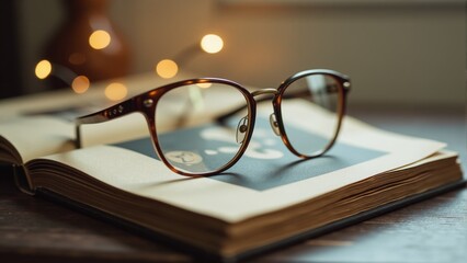 Glasses resting on an open book while sunlight gently illuminates a cozy reading nook