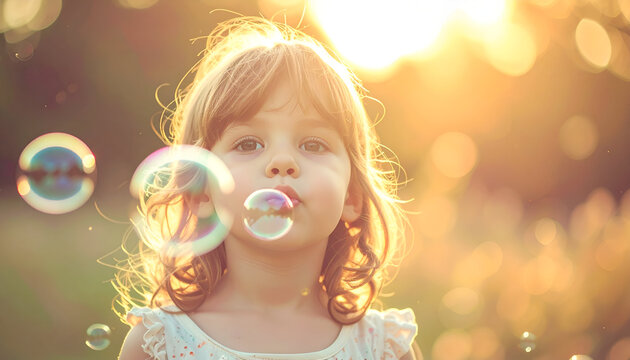 Adorable Young Girl Blowing Bubbles in Golden Sunlight.