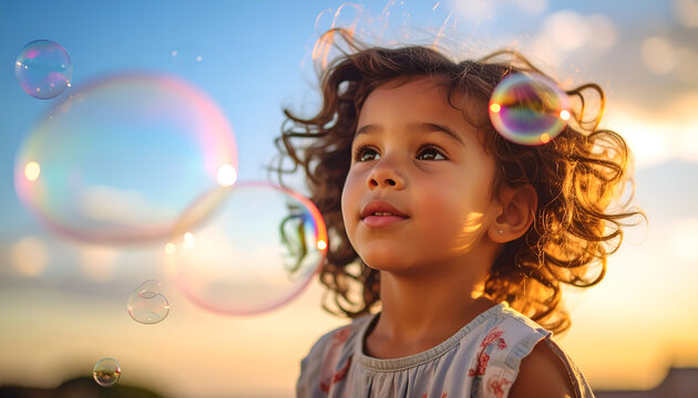 Adorable little girl gazes at floating bubbles in the sky.