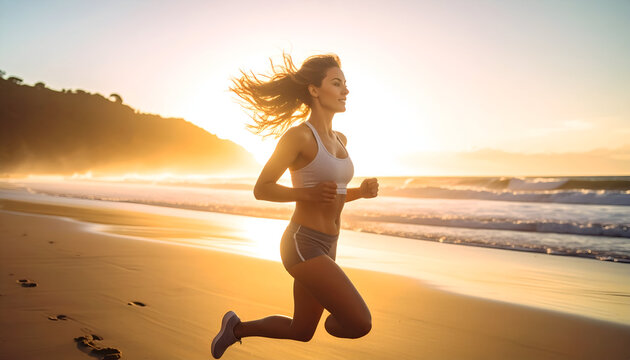 Woman jogging on a beach at sunrise.