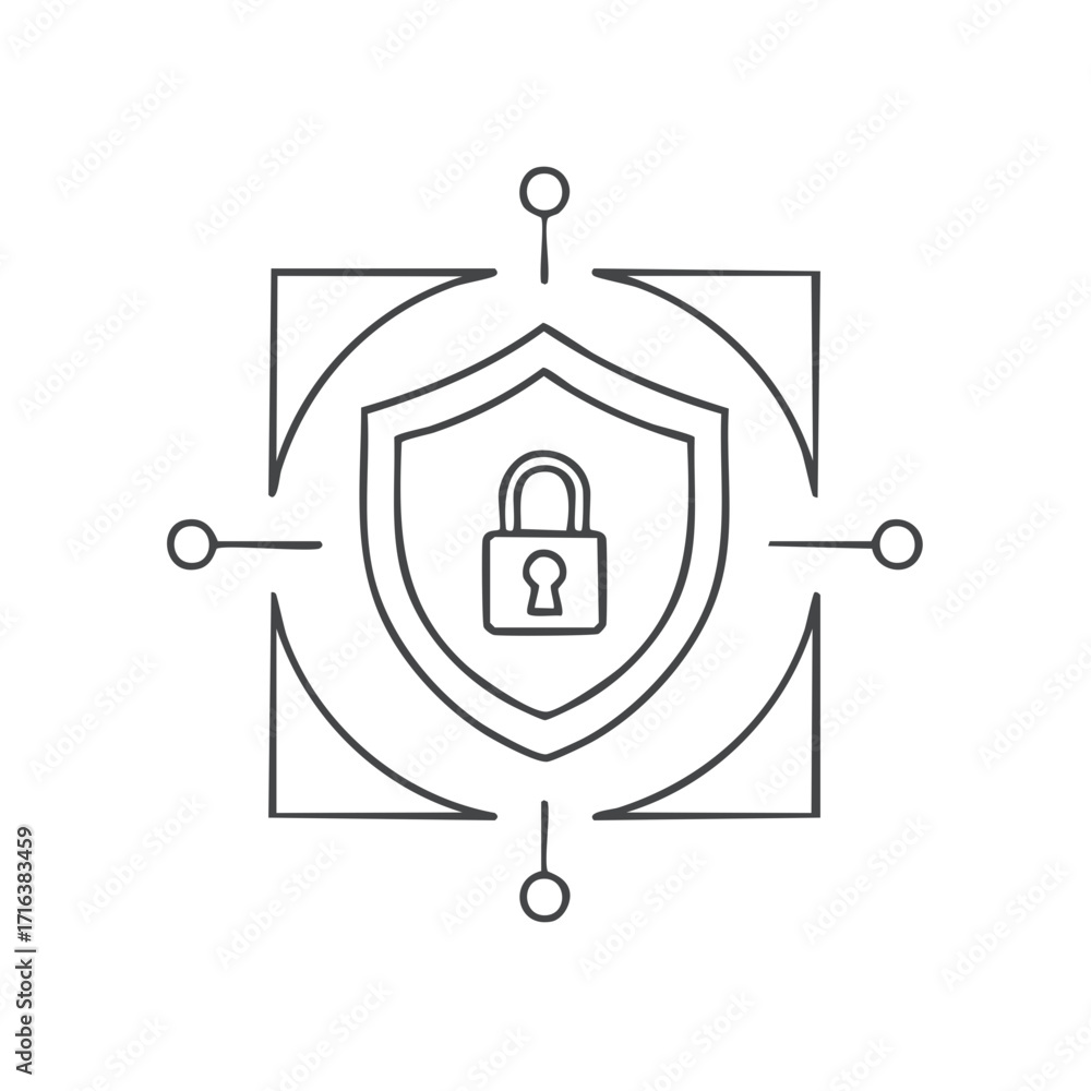Poster cyber security protection shield with padlock in line style, data secure icon, network guard, digita