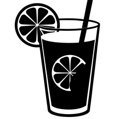 Black and white graphic of a tall glass with a citrus slice and straw