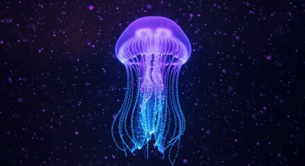 Bioluminescent jellyfish floating in dark ocean depths amidst tiny glowing particles