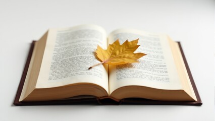Obraz premium Autumn leaf rests gently on an open book, capturing the essence of seasonal change and quiet reflection