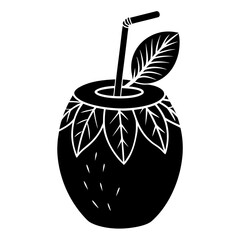 Black and white illustration of a coconut drink with straw
