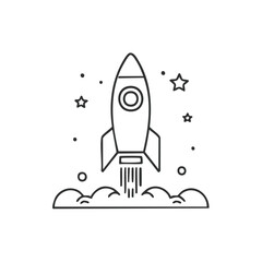 Outline rocket ship launching into space with stars and smoke