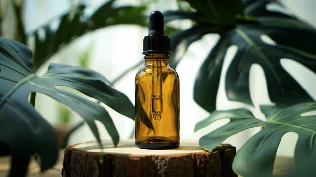 Aromatic oil bottle with dropper and green leaves in the background