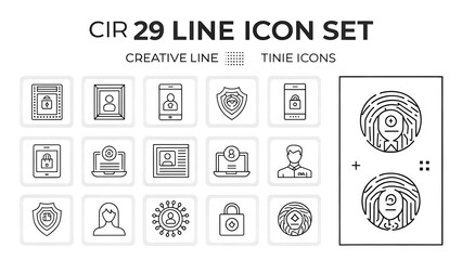 Collection of 15 Black Outline Icons Showcasing Security, User Profiles, and Contact Tracing on a White Background.                                   