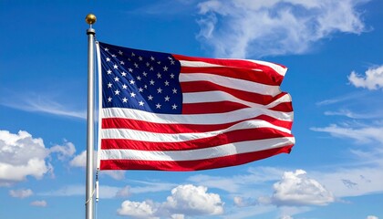 Naklejka premium American flag waving against bright sky, symbol of national pride and unity.