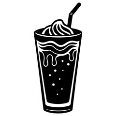 Black and white illustration of a milkshake with whipped cream and straw
