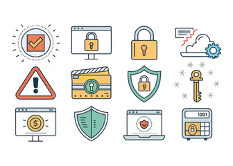 Collection of Data Security and Information Protection Icons with Padlocks and Shields Ensuring Network Safety and Privacy for Online Transactions and Data Management