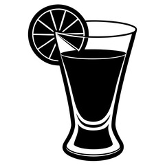 Black and white illustration of a tall glass filled with dark liquid and a lemon slice garnish