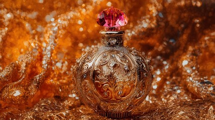 perfume bottle painted in intricate detail against a backdrop of shimmering amber. The bottle shines with golden accents, its curves reflecting the light in a captivating display of luxury.