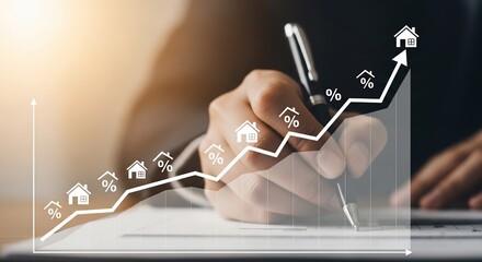 Real estate market growth analysis, rising house prices trend, investment opportunity visualized with upward graph