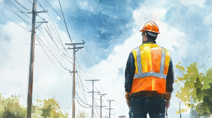 Worker in Safety Vest Observing Power Lines - Watercolor Concept Art