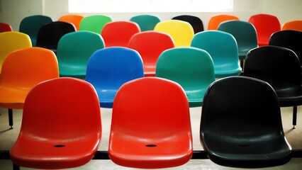 Obraz premium A large collection of colorful plastic chairs arranged in rows