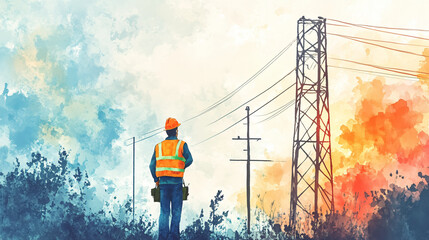 Worker in Safety Vest Observing Power Lines - Watercolor Concept Art