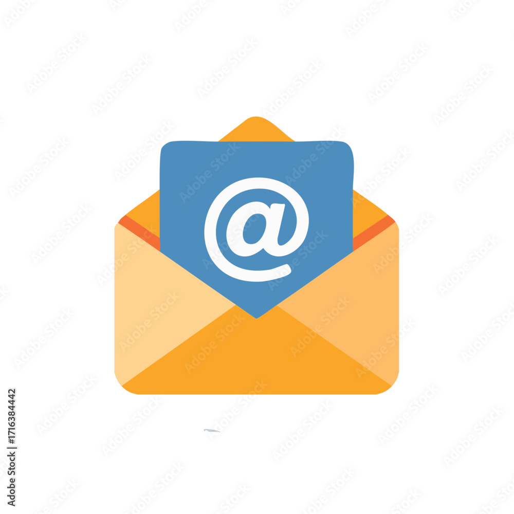 Poster email concept illustrated with an open envelope and blue card with at symbol