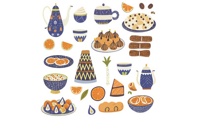 Traditional Moroccan Food Illustrations Tea, Sweets, Oranges, and Couscous Clipart