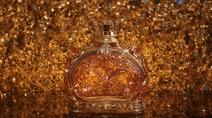 perfume bottle painted in intricate detail against a backdrop of shimmering amber. The bottle shines with golden accents, its curves reflecting the light in a captivating display of luxury.