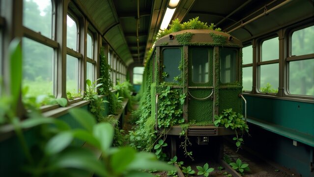 Abandoned subway train overtaken by lush greenery in a forgotten underground world