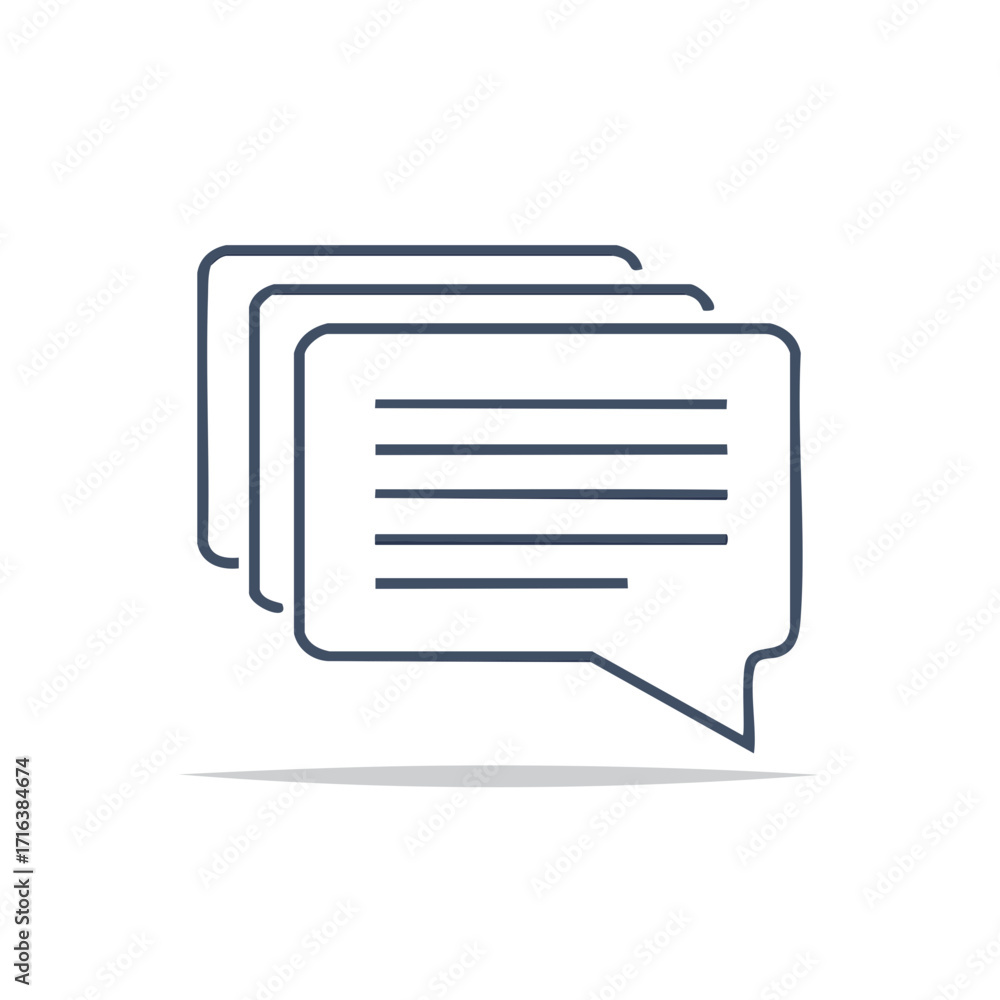 Poster abstract illustration of several layered speech bubbles with written text lines.