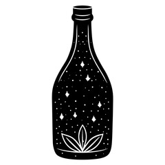 Black bottle silhouette with white stars and floral design