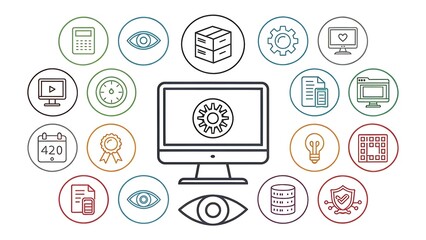 Computer Surrounded by Line Icons for Business, Data Analysis and User Interface elements, illustrating a broad spectrum of applications and information. 