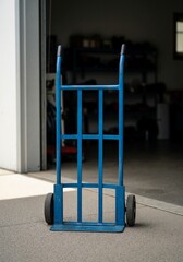 Blue hand truck standing upright in a garage setting  