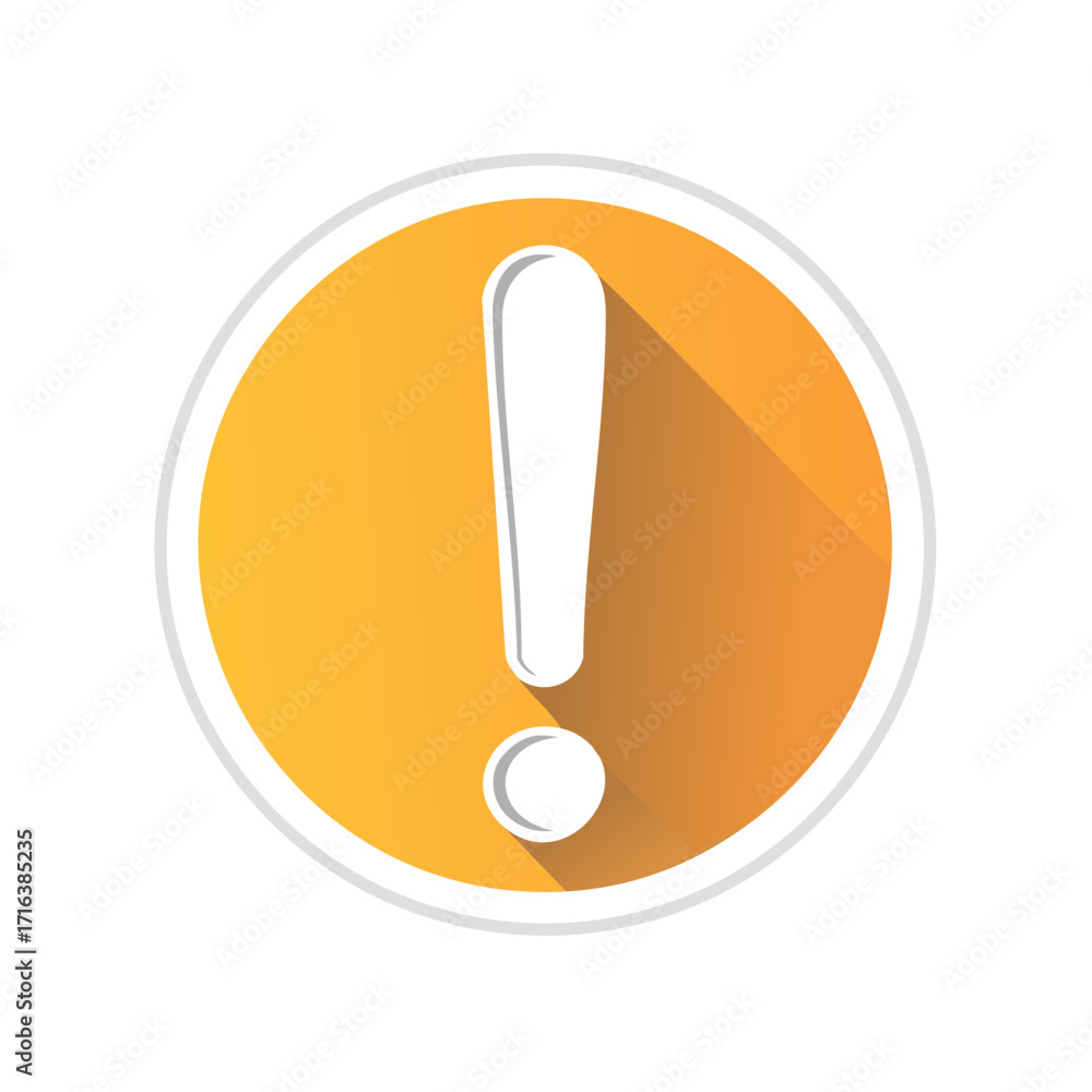 Poster flat design exclamation mark icon in bright orange circle for warning and attention message