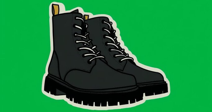 Fashion retail showing black combat boots with white laces orange pull-tabs on transparent backdrop