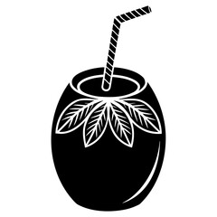 Black silhouette of a coconut drink with straw and leaves