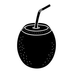 Black silhouette of a coconut drink with straw coconut water