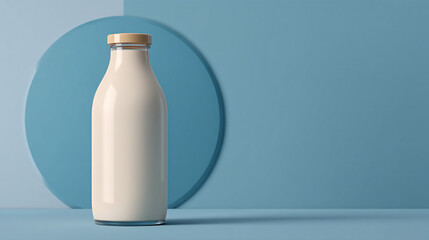 A bottle of white liquid with a wooden cap against a blue background with a circular backdrop element