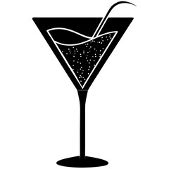 Black silhouette of a martini glass with bubbles and a straw